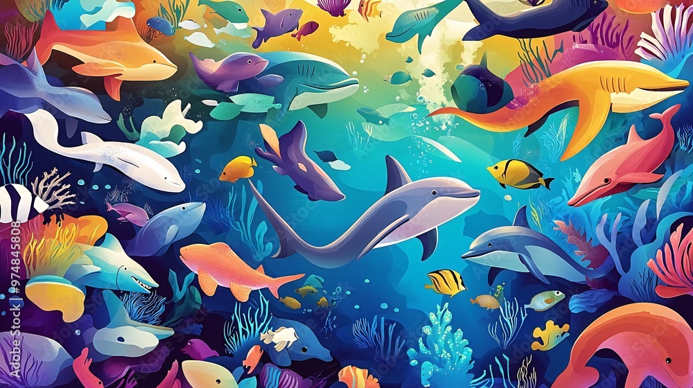 A vibrant underwater scene teeming with diverse marine life, featuring colorful fish, coral reefs, and playful dolphins. A vibrant underwater scene teeming with diverse marine life, featuring colorful fish, coral reefs, and playful dolphins.