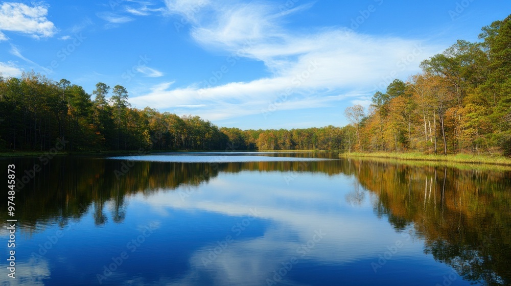 Tranquil Lake Reflecting Blue Sky and Fall Foliage Tranquil Lake Reflecting Blue Sky and Fall Foliage