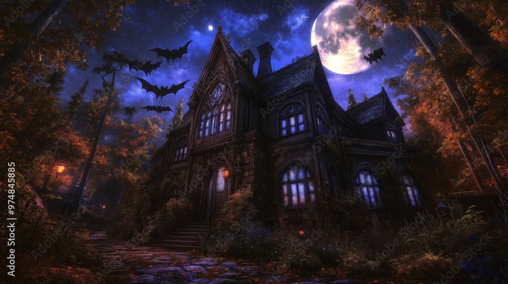 A dark, haunted mansion surrounded by a spooky forest under the full moon, with bats flying in the night sky, capturing a chilling Halloween atmosphere A dark, haunted mansion surrounded by a spooky forest under the full moon, with bats flying in the night sky, capturing a chilling Halloween atmosphere