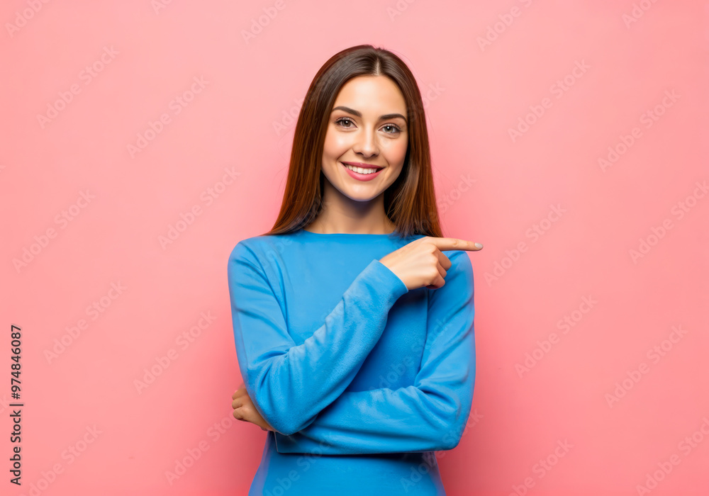 attractive woman with gesture pointing wearing blue dress and pink background attractive woman with gesture pointing wearing blue dress and pink background
