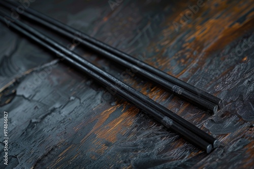 Two pair of chopsticks resting on a wooden table, ready for use photo