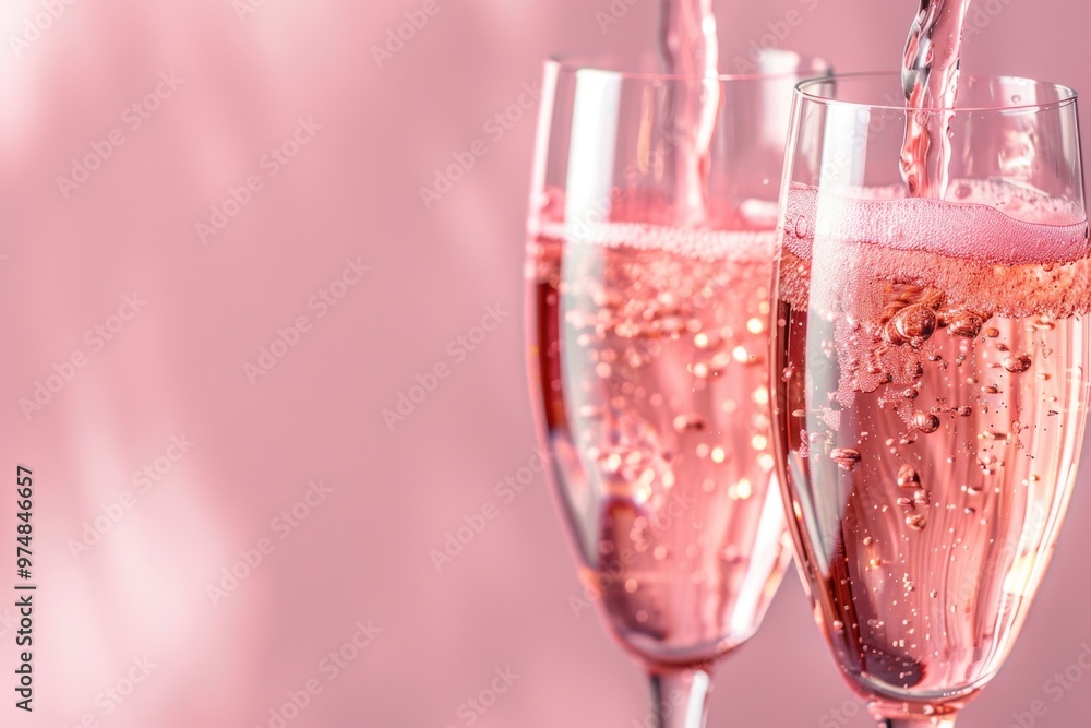 Two glasses being filled with champagne, perfect for a celebration or romantic evening Two glasses being filled with champagne, perfect for a celebration or romantic evening