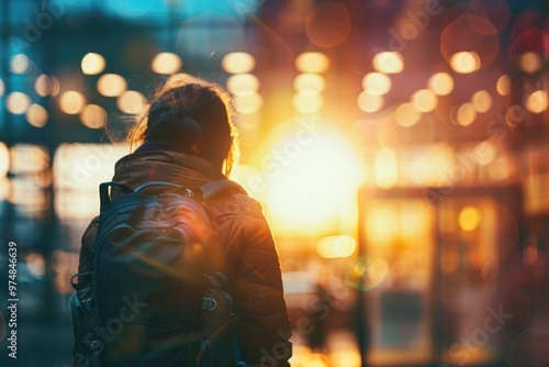 A person walks down the street carrying a backpack, possibly on their way to or from work