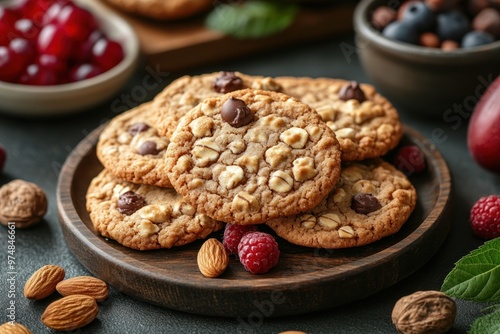 Close-up of Delicious Chocolate Chip Cookies with Nuts and Berries