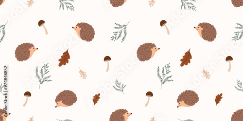 Autumn seamless pattern with hedgehogs, leaves and mushrooms, decorative seasonal wallpaper