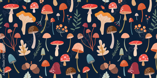 Autumn seamless pattern with colorful mushrooms, decorative wallpaper, autumnal background