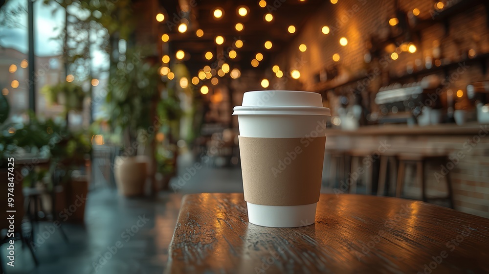 Paper coffee cup mockup with copy space on a blurred café background Paper coffee cup mockup with copy space on a blurred café background