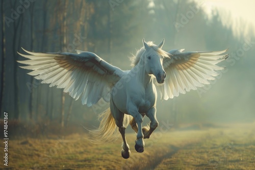 A majestic white horse soaring through the air with its mane flowing behind, ideal for fantasy or mythical scenes