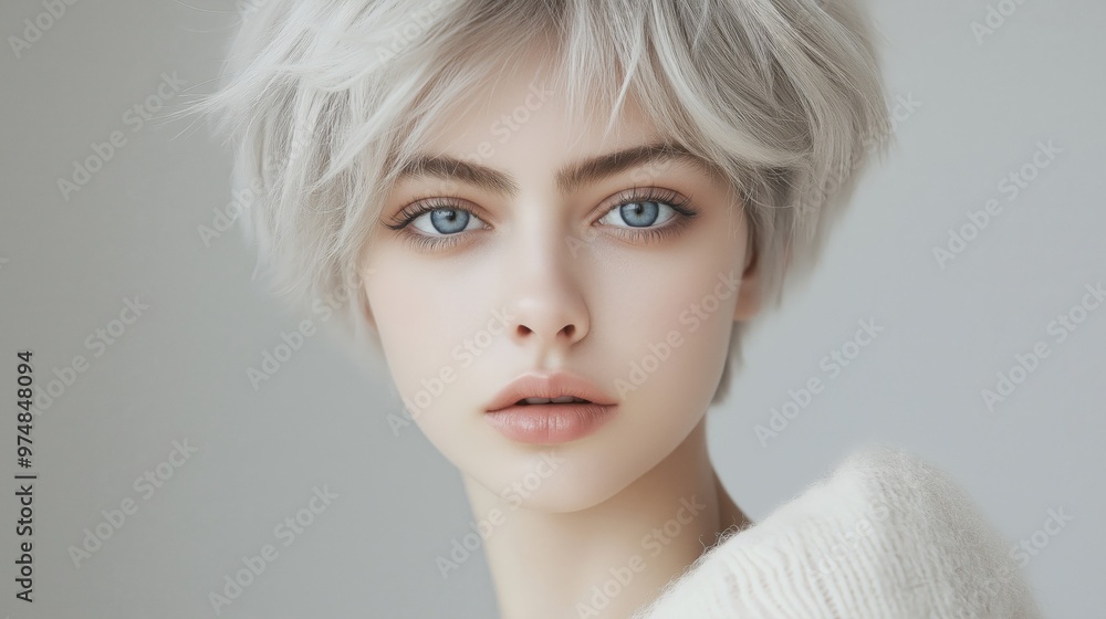 A close-up portrait of a young woman with short platinum blonde hair and piercing blue eyes in soft lighting. A close-up portrait of a young woman with short platinum blonde hair and piercing blue eyes in soft lighting.