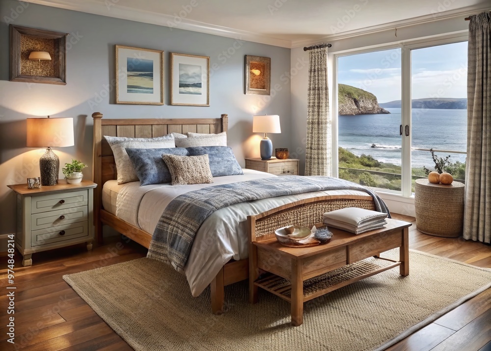 Fototapeta premium Cozy Cardigan Bay-inspired bedroom features a plush bed framed by wooden furniture, adorned with woven textiles and