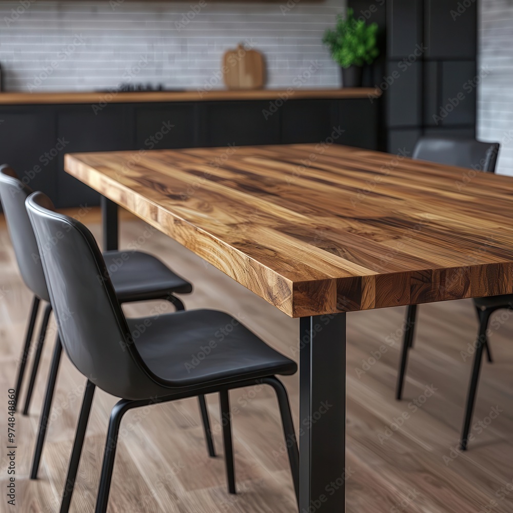 Smooth polished teak wood slab dining table with metal legs, in a modern loft with industrial touches, teak table, industrial elegance