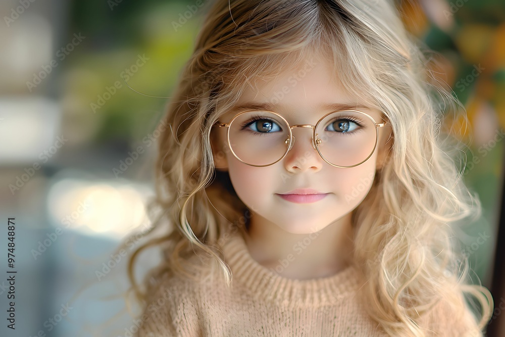 Young girl with curly hair and glasses in a bright garden setting Young girl with curly hair and glasses in a bright garden setting
