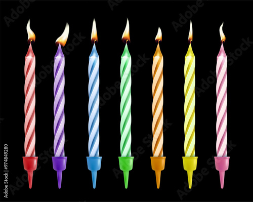 Realistic birthday striped candles with flame. Burning birthday party cake candles. Candlelight 3d realistic for anniversary celebration vector set.