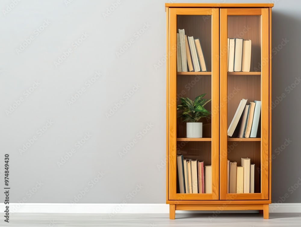 Teak wood bookcase with glass doors, filled with classic novels in a cozy study, teak shelving, intellectual retreat Teak wood bookcase with glass doors, filled with classic novels in a cozy study, teak shelving, intellectual retreat