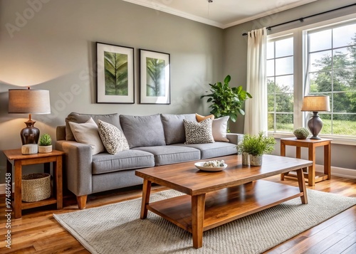 Cozy living room with affordable furniture, featuring a comfortable grey sofa, wooden coffee table, and neutral-colored