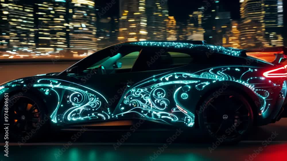 A sleek sports car with illuminated graphics speeds through a lively urban environment, showcasing its stunning design against the backdrop of city lights. A sleek sports car with illuminated graphics speeds through a lively urban environment, showcasing its stunning design against the backdrop of city lights.