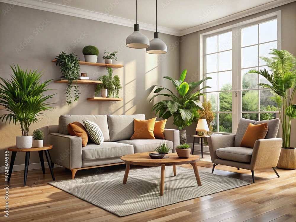 Cozy living room with affordable modern furniture including a sleek sofa, armchair, and coffee table, surrounded by Cozy living room with affordable modern furniture including a sleek sofa, armchair, and coffee table, surrounded by