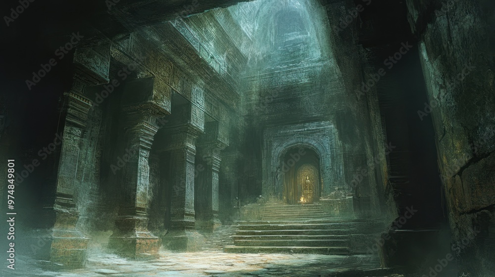 Ancient Stone Hallway with a Glowing Entrance Ancient Stone Hallway with a Glowing Entrance