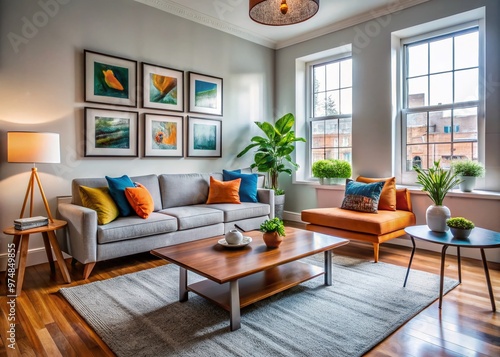 Cozy living room with affordable modern furniture, sleek coffee table, and vibrant artwork, showcasing typical Brooklyn