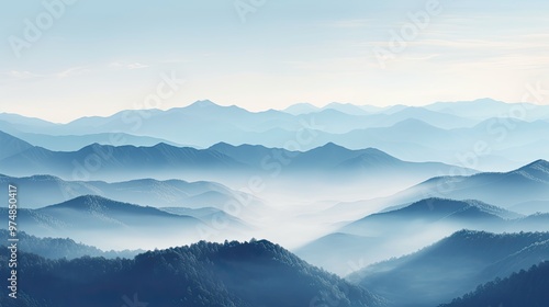 Ethereal blue mountain peaks enveloped in a soft, misty fog at dawn.