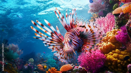 A vibrant lionfish swims amongst colorful coral reefs in a tropical ocean.