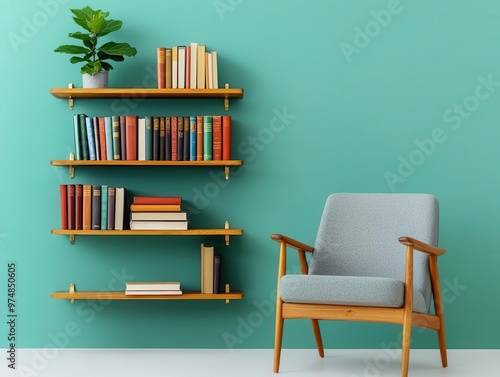 Wallpaper Mural Mid-century modern teak wood bookshelf, filled with eclectic books and decor in a cozy reading nook, teak wood shelf, retro modern Torontodigital.ca