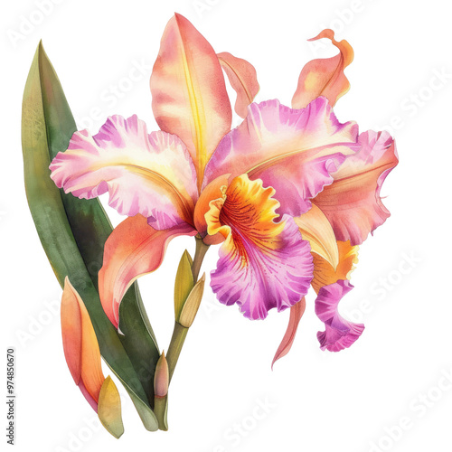 A close-up of a pink and purple orchid blossom isolated on a white background