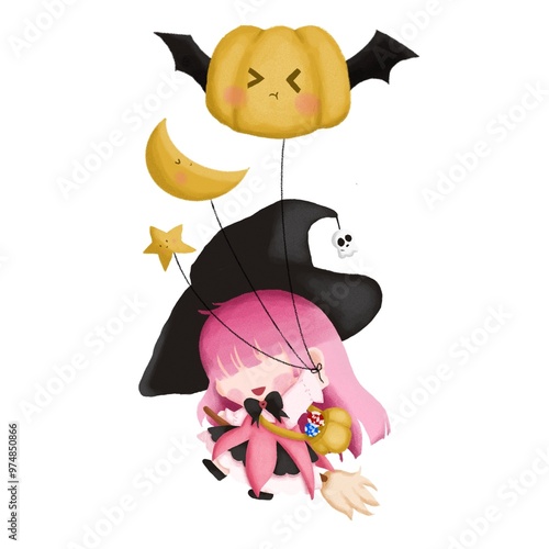 Cute witch flying with pumpkin handdrawn illustration