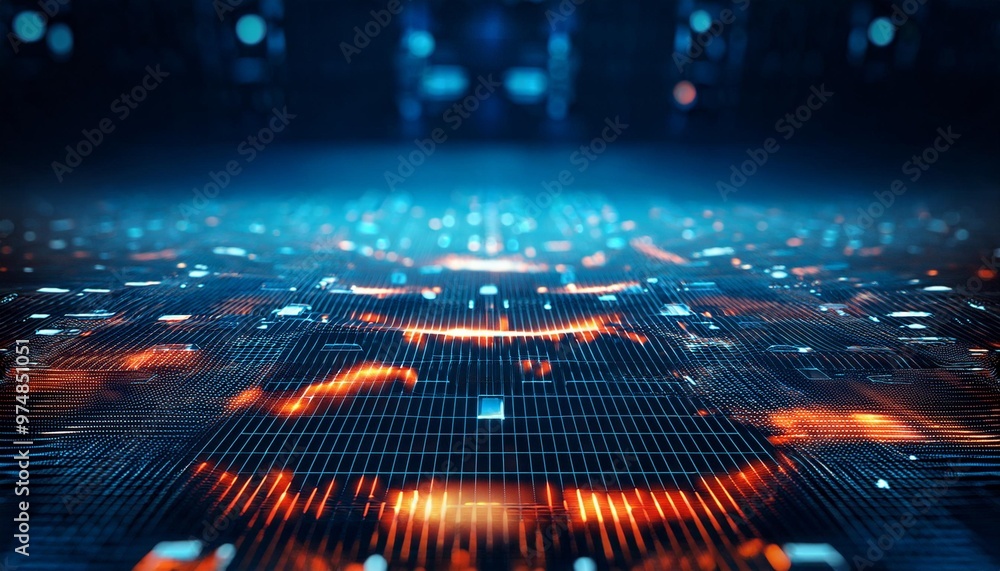 Pixelated grid with depth of field on a high-tech 3D background Pixelated grid with depth of field on a high-tech 3D background