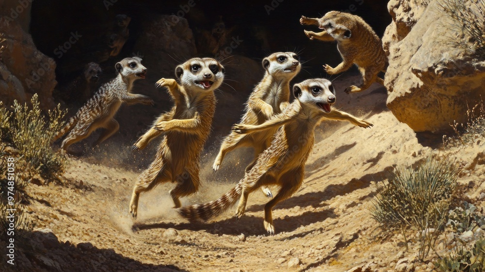 Playful Meerkats Emerging from a Burrow in a Desert Landscape Playful Meerkats Emerging from a Burrow in a Desert Landscape