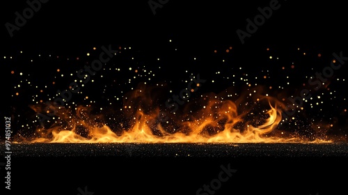 Vibrant flames dance against a dark background, radiating warmth and energy with glowing sparks in the air. photo