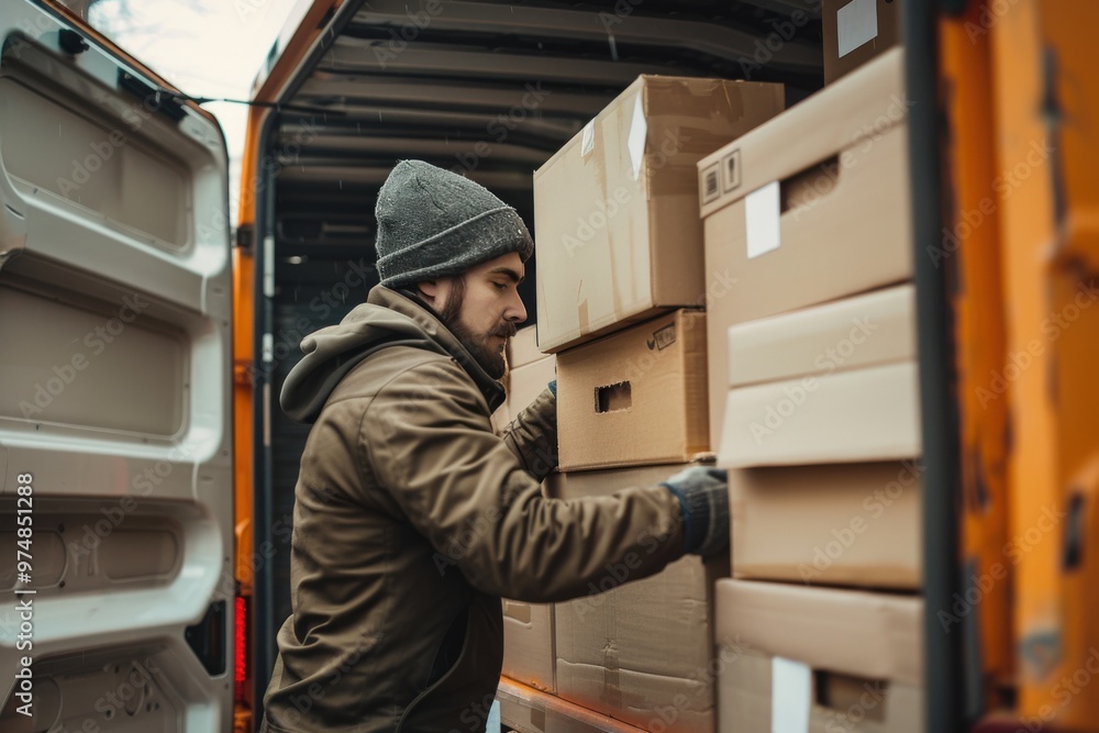 A man in a yellow vest is working in a warehouse, loading boxes onto a truck, generative ai image A man in a yellow vest is working in a warehouse, loading boxes onto a truck, generative ai image