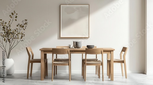 Elegant teak wood dining set in a sunlit room with modern art and minimalist decor, teak dining furniture, modern elegance