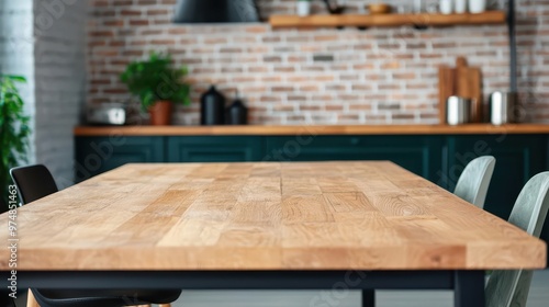 Large teak wood dining table in a loft-style apartment with exposed beams, teak furniture, industrial chic