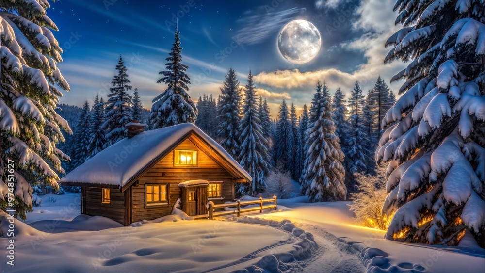 A cozy winter cabin in the woods, with glowing lights, snow-covered trees, and a bright full moon A cozy winter cabin in the woods, with glowing lights, snow-covered trees, and a bright full moon