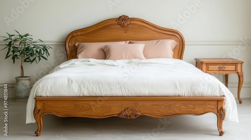 Ornate teak wood bed frame with vintage carvings, in a bright and airy bedroom, teak bed, vintage luxury