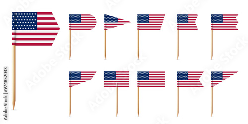 USA toothpick flags. US pennants on wooden stick. Realistic 3D location mark, map pointer and cocktail decoration. Vector set.