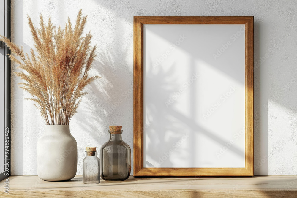 Mockup Empty, Blank Picture Frame, Wooden Picture Frame, Hanging On A Light Gray Wall, Stylish , Living Room, Modern, Relaxing, Art Mockup Empty, Blank Picture Frame, Wooden Picture Frame, Hanging On A Light Gray Wall, Stylish , Living Room, Modern, Relaxing, Art