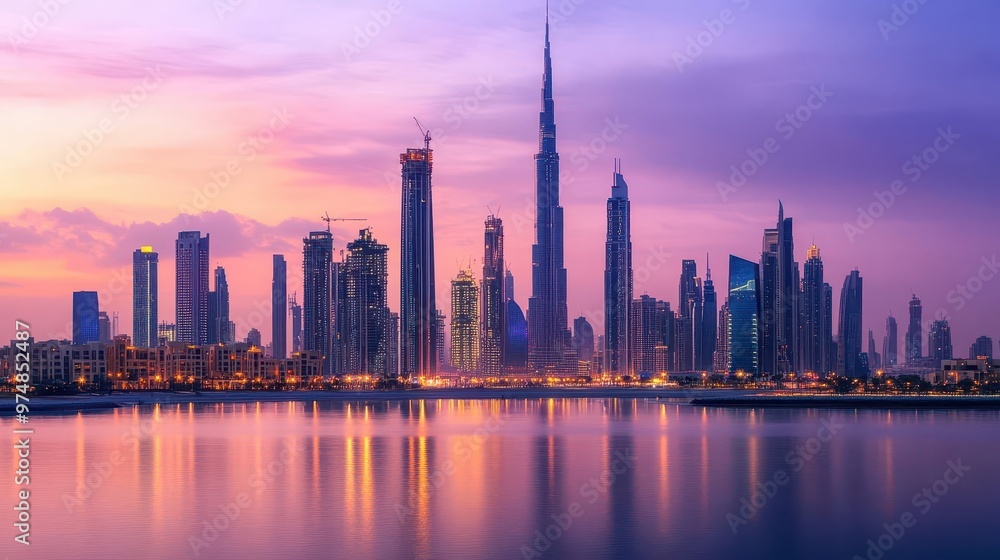 Obraz premium A city skyline at dusk with lights illuminating the buildings