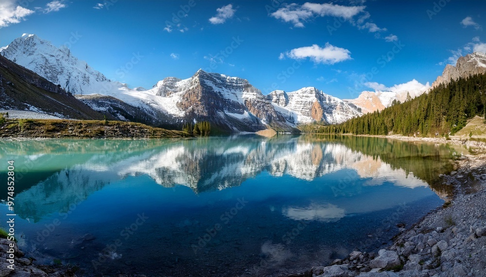 Snow-Capped Peaks Reflected in Clear Mountain Lake, Creating a Stunning Mirror Effect Snow-Capped Peaks Reflected in Clear Mountain Lake, Creating a Stunning Mirror Effect