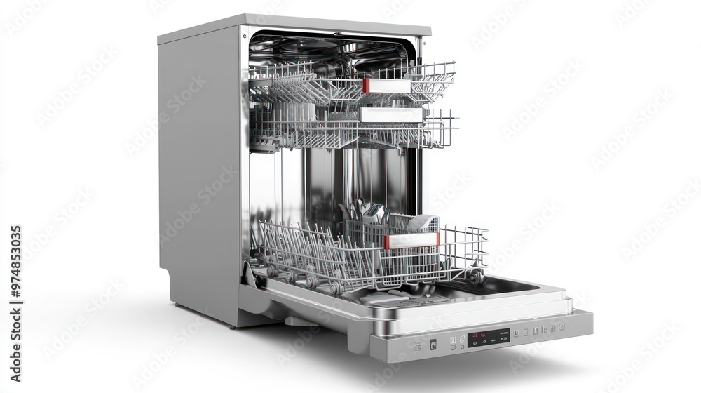 A dishwasher with an open door, isolate on white background A dishwasher with an open door, isolate on white background