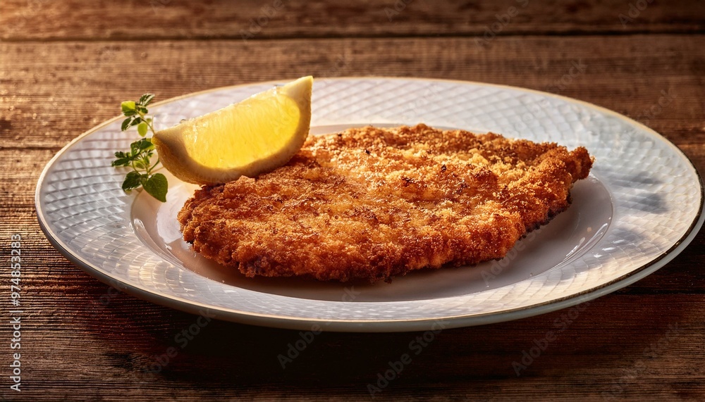 A perfectly golden-brown schnitzel on a white plate, garnished with a single lemon wedge, on A perfectly golden-brown schnitzel on a white plate, garnished with a single lemon wedge, on