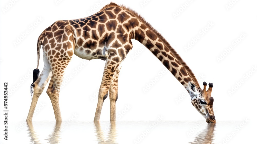 Obraz premium A giraffe drinking water, isolate on white background