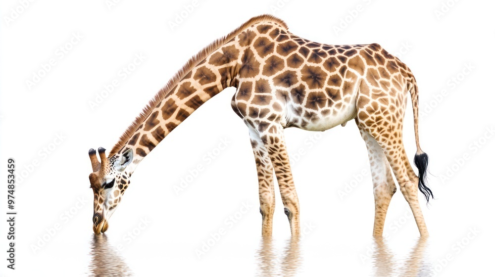 Obraz premium A giraffe drinking water, isolate on white background