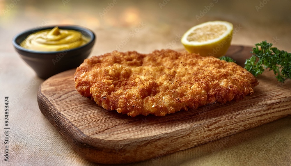 A schnitzel cutlet resting on a rustic wooden cutting board, with a small bowl of mustard be A schnitzel cutlet resting on a rustic wooden cutting board, with a small bowl of mustard be
