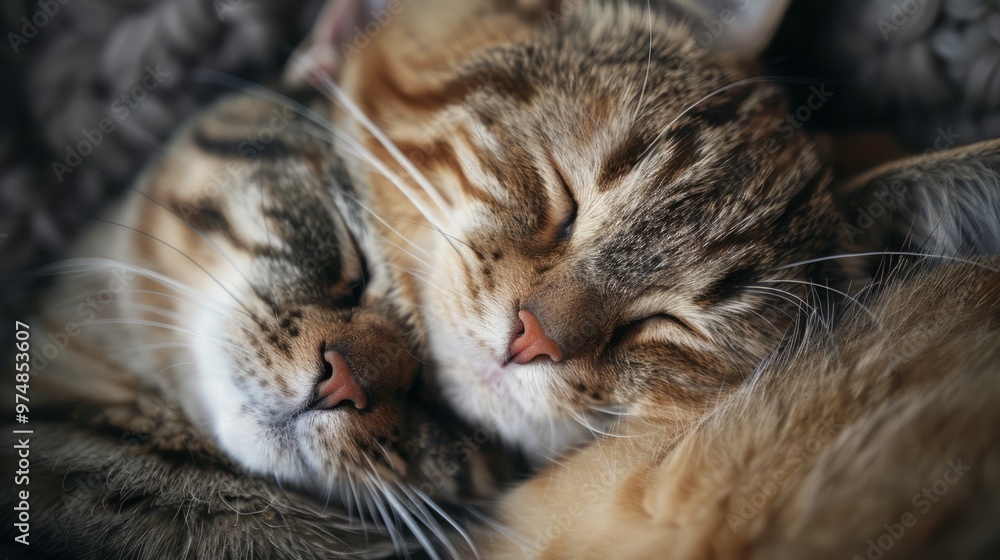 Two cats are sleeping together on a blanket Two cats are sleeping together on a blanket