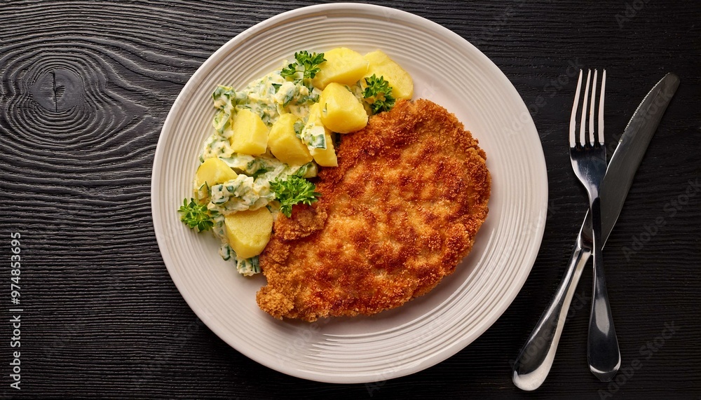 A top-down view of a schnitzel cutlet with a small side of potato salad, arranged neatly on A top-down view of a schnitzel cutlet with a small side of potato salad, arranged neatly on