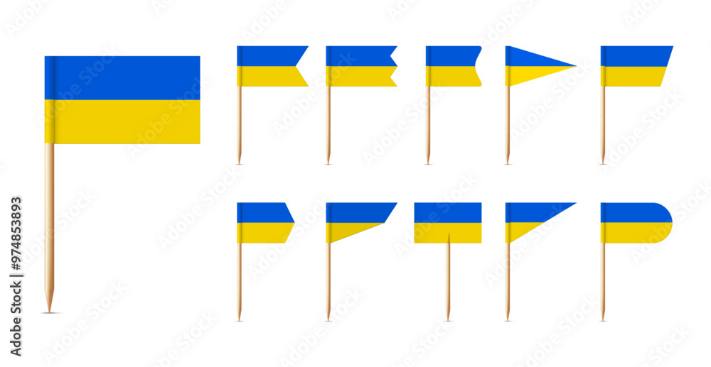 Ukrainian toothpick flags. Wooden toothpicks with paper Ukrainian yellow blue flag. Ukraine support symbol. 3D realistic map pointer. Vector set. Ukrainian toothpick flags. Wooden toothpicks with paper Ukrainian yellow blue flag. Ukraine support symbol. 3D realistic map pointer. Vector set.