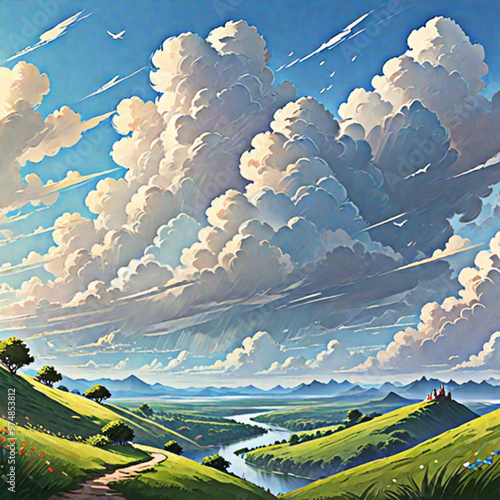 Panoramic landscape with view mountains with blue sky and fluffy clouds, countryside in summer. Paradise