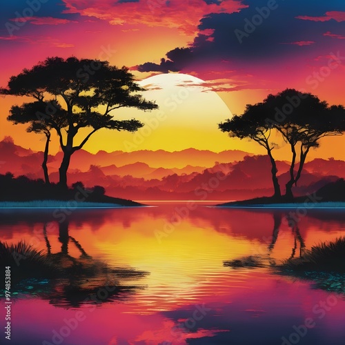 Panoramic view. Tree silhouette with sunset. Beautiful landscape